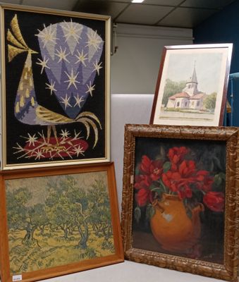 three framed pictures of flowers and a vase on a table