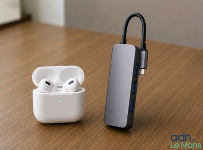 an apple airpods are sitting on a table next to a charger