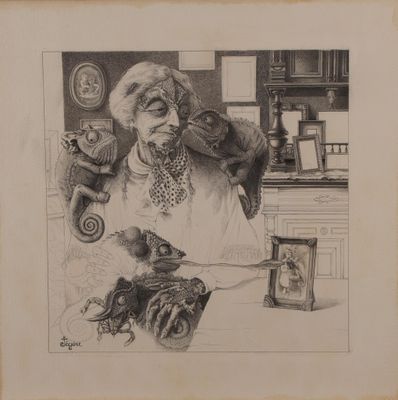 dessin représentant une vieille femme avec un chat et une canette de soda