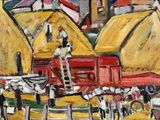 un tableau représentant une scène de vie à la ferme avec un tracteur rouge