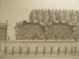 an old drawing of a stage with people on it and a stage in the background