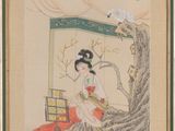 tableau représentant une femme assise sous un arbre, avec un oiseau sur l'épaule