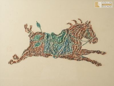 un dessin représentant un cheval avec un harnais sur le dos