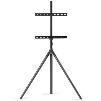 a black tripod tv stand with a flat screen tv on it