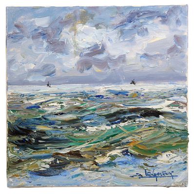 une peinture représentant une peinture d'un bateau dans l'océan