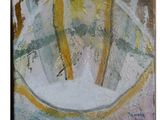 peinture abstraite représentant un bol contenant une fourchette et un couteau