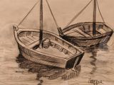 dessin représentant deux bateaux sur l'eau, l'un muni d'un mât et l'autre d'une voile