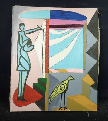 une photo d'un tableau représentant une femme et un oiseau