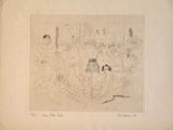 an old drawing of a group of people sitting in a room