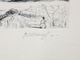 drawing of a landscape with a person sitting on a bench in the foreground