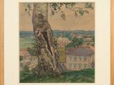 tableau représentant un arbre avec une vue de ville en arrière-plan