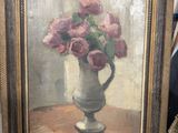 a painting of pink flowers in a vase on a table