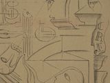 dessin représentant une femme assise à une table avec une guitare