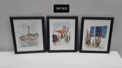 three watercolor paintings of a lighthouse, a boat, and a sailboat