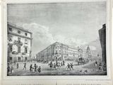 un vieux dessin représentant une scène de rue avec une calèche au premier plan