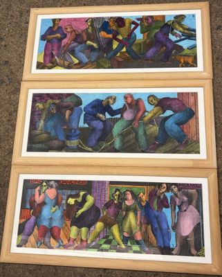 three framed paintings of people on a city street, one of them is a man and the other is a woman