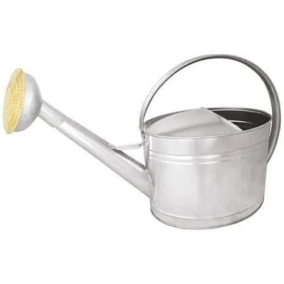 silver metal watering can with a yellow handle on a white background