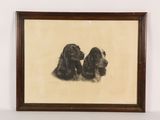 painting of two dogs sitting in front of a white wall
