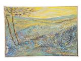 an oil painting of a field with trees in the foreground