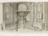 a large open book with a drawing of a church
