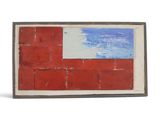 une peinture représentant un mur de briques rouges avec un ciel bleu en arrière-plan