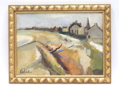 an oil painting of a boat on a beach next to a house