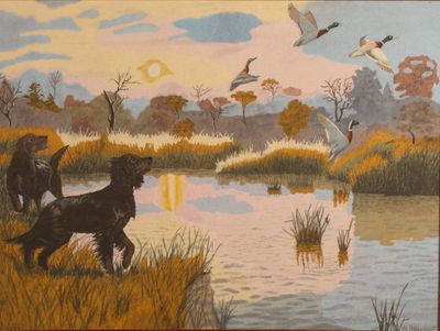 un tableau représentant un chien debout dans l'herbe