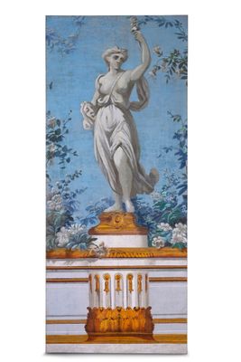 a painting on the wall of a building with a statue on it