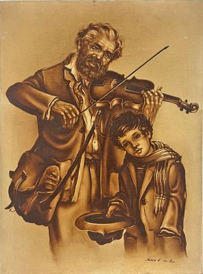 L. KOROM (XXème siècle) Le musicien et le mendiant Brou de n…