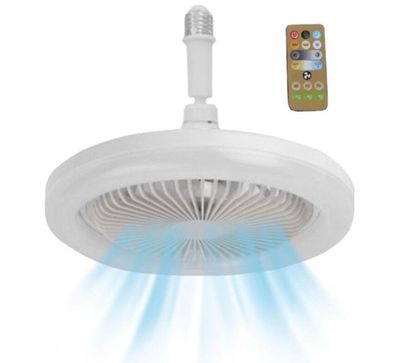 un ventilateur blanc muni d'une télécommande, devant un fond blanc