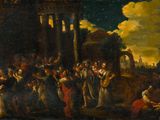 une peinture à l'huile représentant une foule rassemblée autour d'un bâtiment