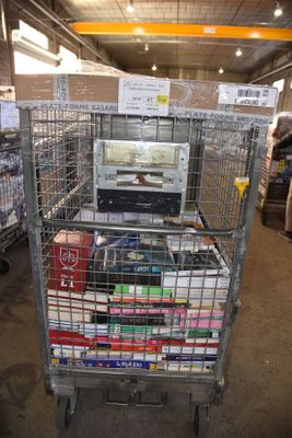 a shopping cart with a laptop on it in a store
