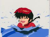 cellule d'animation représentant une fillette dans l'eau, coiffée d'un chapeau rouge