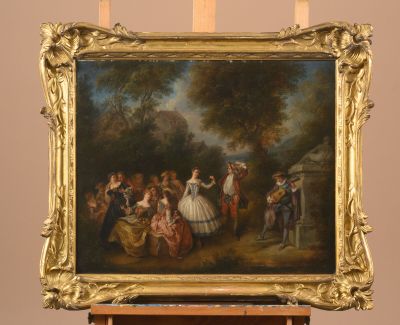 painting of a group of people gathered around a table in a wooded setting