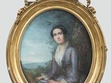 portrait d'une femme en robe bleue dans un cadre doré