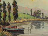 a painting of a boat on the water with trees in the background