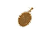 an image of a gold pendant with a coin on a white background