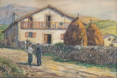 painting of two men walking down a dirt road in front of a house