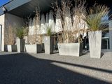 concrete planters are lined up outside of a building with plants in them