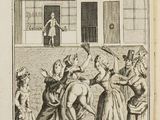 an old book with a drawing of a man being taken out of a building