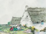 a watercolor painting of a group of people sitting on the grass
