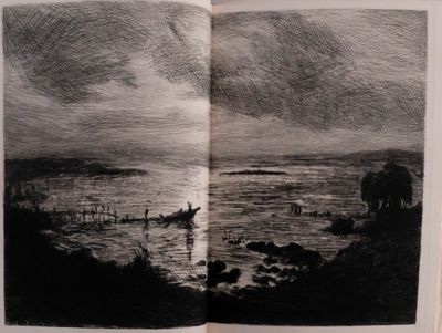 drawing of an open book with a picture of a boat in the water