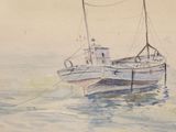 a painting of two boats floating in the water