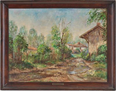 une peinture à l'huile représentant une route de campagne avec une maison à l'arrière-plan