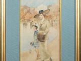 painting of a woman with a hat and a dog in a blue frame