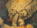 painting of a woman in a green dress holding a piece of paper