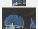 une peinture représentant une grotte avec des personnes à l'intérieur et un bateau dans l'eau