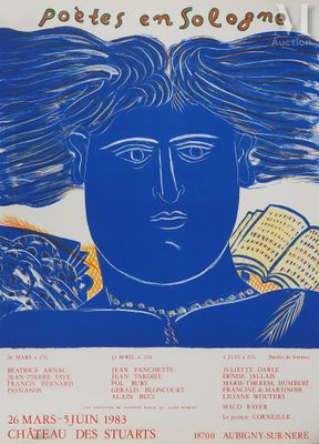une affiche bleue sur laquelle figure l'image d'une femme aux cheveux longs