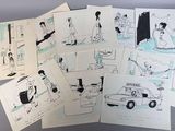 plusieurs dessins représentant des personnes dans une salle de bains, avec une voiture en arrière-plan