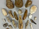 plusieurs types d'outils en roche et en pierre exposés sur une surface blanche